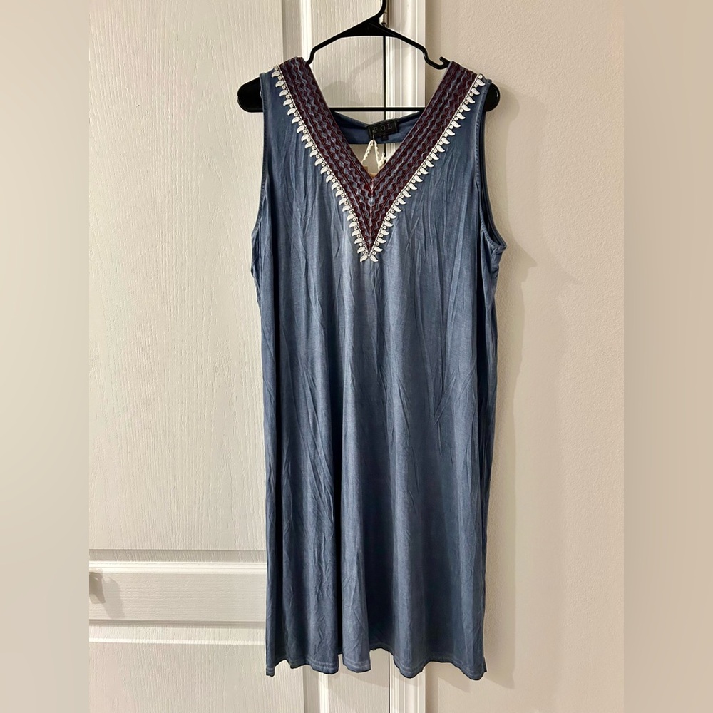 NWT POL Blue Sleeveless Dress with Embroidered Neckline And Back Cutout